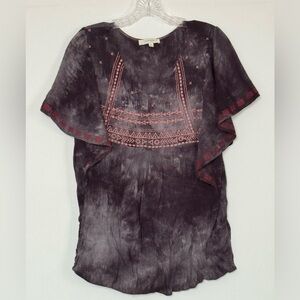 UMGEE XL V-Neck Embroidered Short Sleeve Flutter Boho Tie-dye Top High Low